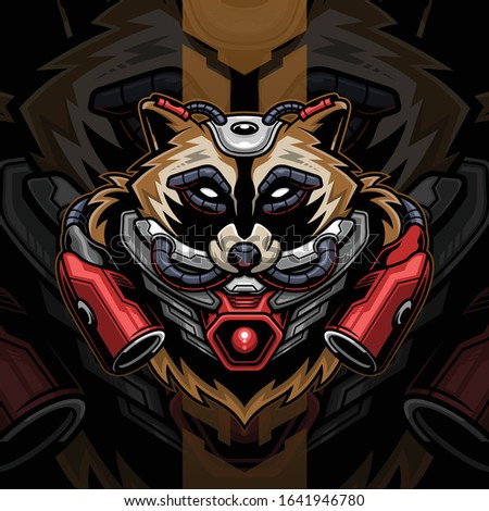 raccoon illustration with robot style and mechanical parts