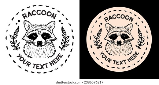 Raccoon ilustración vintage round badge con espacio de texto. Critters y amantes de la vida salvaje diseñan productos imprimibles. Estética retro de dibujo de tinta minimalista.