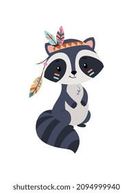 Raccoon in indian bandage. Social media stickers and badges for kids. Culture and traditional accessories, unusual clothing style. Cartoon flat vector illustration isolated on white background