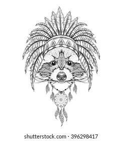 Raccoon in Indian roach. Indian feather headdress of eagle. Hand drawn vector illustration