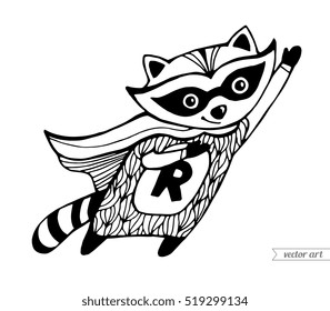 Raccoon isolated. Flying superhero cartoon. Funny character. Vector. Black and white. Coloring book pages for adult, kids. Zentangle artwork. Illustration, gift greeting card, branding, logo, emblem