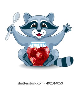 Raccoon with a jar of strawberry jam and spoon