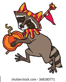 raccoon in jester costume carries a pumpkin