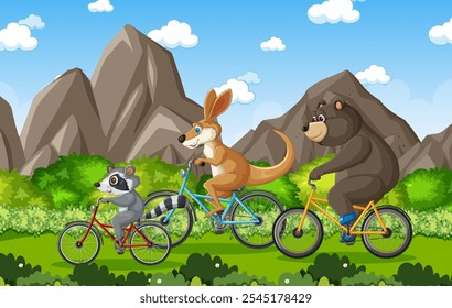 Mapache, canguro y oso montando bicicletas juntos