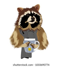 Raccoon with knitted scarf. Cup of tea. Vector illustration.