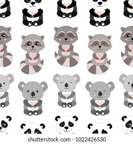 Raccoon, Koala and Panda Seamless Vector Pattern.Vector background