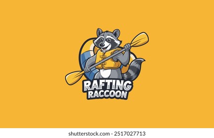 Raccoon in a life jacket paddling while rafting with enthusiasm.