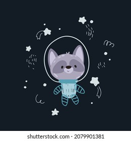 Raccoon. little astronaut. Cartoon Print for baby posters, cards, clothes, sticker, room decor. Vector illustration