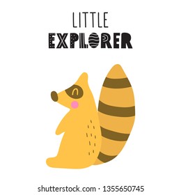 Raccoon. Little explorer. Hand drawn icon. Simple vector illustration design in scandinavian, nordic style. Best for nursery, childish textile, apparel, poster, postcard.
