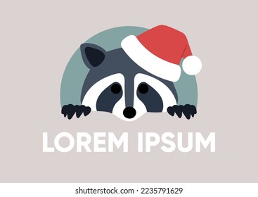 A raccoon logo in a Santa Claus red hat with a text place holder, a label template, Winter holidays