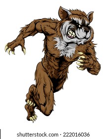 A raccoon man character or sports mascot charging, sprinting or running