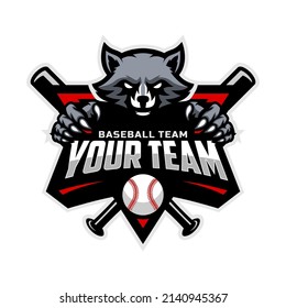 Raccoon mascot for baseball team logo. Vector illustration.	