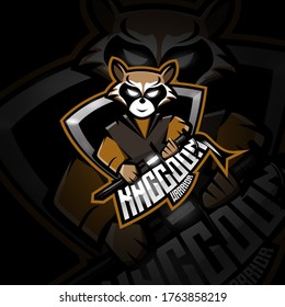 
raccoon mascot logo design vector with modern illustration concept style for emblems, t-shirt printing etc. raccoon warrior mascot logo