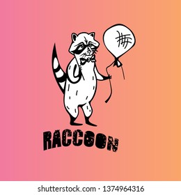 Raccoon in a mask holds a balloon. Vector illustration.