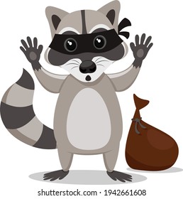 Raccoon in a mask raised his paws up, a raccoon a thief on a white background. Character