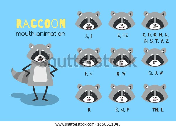 Raccoon. Mouth animation set for cute\
raccoon. Lip sync collection for character animation. Flat style\
vector illustration isolated on blue\
background.