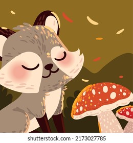 raccoon and mushroom autumn field