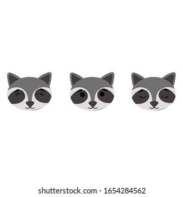 Raccoon muzzles with open and closed eyes isolated on white background. Stock vector illustration for decoration and design, postcards, fabrics, packaging, children's textiles, poster, banner, books