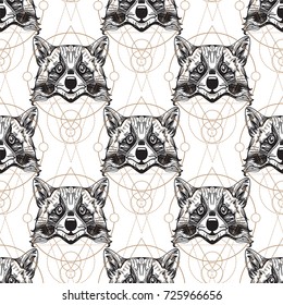 Raccoon Muzzles Seamless Pattern For The Design Of The Surface Of The Fabric, Packaging, Wallpaper.