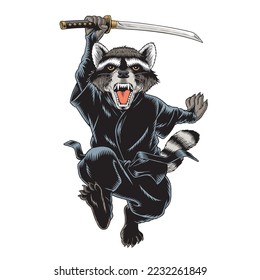 Raccoon ninja in kimono with katana sword attacks, isolated on white background. Kung fu or martial arts. Comic style vector illustration.