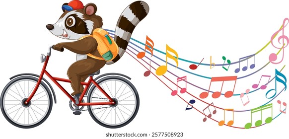 Raccoon on bike with colorful music notes trailing