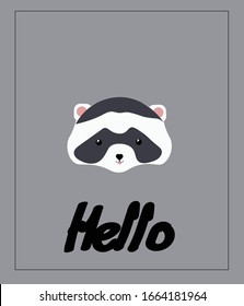 raccoon on a gray background isolated greeting card text written by hand