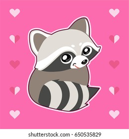 Raccoon on a pink background with hearts