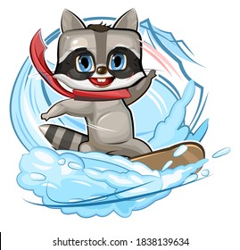 Raccoon on a snowboard. Winter and snow. Cartoon childrens style postcard. A young baby animal goes in for sports. Vector. A cute baby. The isolated object on a white background.