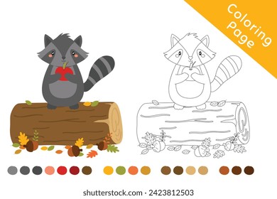 Raccoon encima de un tronco arbóreo con un vector de dibujo animado de manzana roja, negro y blanco para la página de coloreado. Vector de caricatura de plantilla de página de color imprimible.