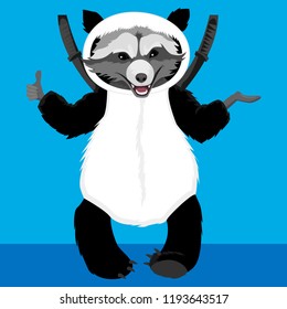 Raccoon in a panda costume with swords