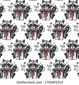 Raccoon with paws on gift, seamless vector vector