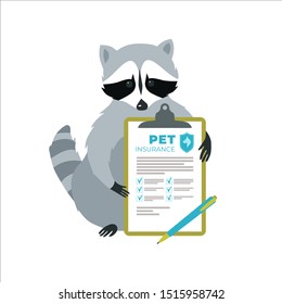 Raccoon with a pet insurance contract. Pet and Animal insurance concept. Vector illustration.