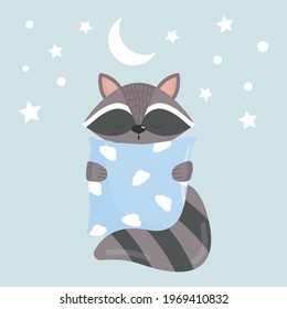 Сute raccoon with a pillow getting ready for bed. Children's illustration in the nursery, postcard