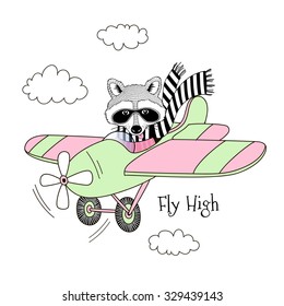 raccoon pilot flying plane , kid illustration, art print