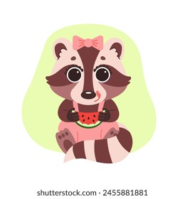 Raccoon in a pink jumpsuit with a bow tasting watermelon