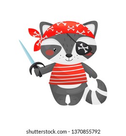 Raccoon Pirate Character In Cartoon Style, In A Red White Vest, Red Bandana With A Knife In His Hand And An Eye Patch.