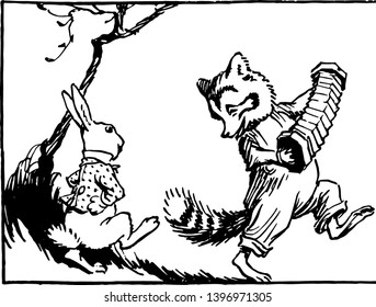 Raccoon Playing Accordion & Rabbit Dancing this picture shows a raccoon in human dress playing an accordion and a rabbit dancing vintage line drawing or engraving illustration
