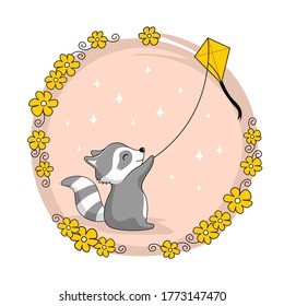 Raccoon Playing Kite Cartoon Illustration