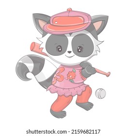 The raccoon plays softball. Vector illustration of a cute animal. Cute little illustration of raccoon for kids, baby book, fairy tales, covers, baby shower invitation, textile t-shirt.