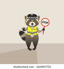 Raccoon policeman  Character is holding sign  Stop sign  Policeman Raccoon