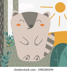 raccoon polosun in a flat style in the forest for coloring, puzzles, wallpaper, picture, print