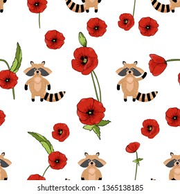 raccoon and poppies seamless background