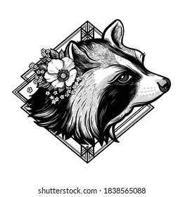 Raccoon portrait. Dreamy magic art. Night, nature, wicca symbol. Isolated vector illustration. Great outdoors, tattoo and t-shirt design.