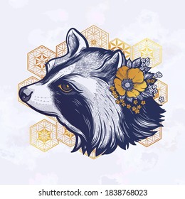 Raccoon portrait. Dreamy magic art. Night, nature, wicca symbol. Isolated vector illustration. Great outdoors, tattoo and t-shirt design.