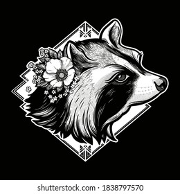 Raccoon portrait. Dreamy magic art. Night, nature, wicca symbol. Isolated vector illustration. Great outdoors, tattoo and t-shirt design.