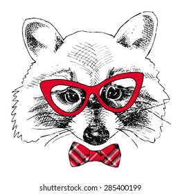 Raccoon portrait in a glasses with red tie. Vector illustration.