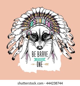 Raccoon portrait in a Indian Feather Headdress. Vector illustration.