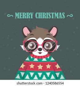 Raccoon portrait in ugly Christmas sweater