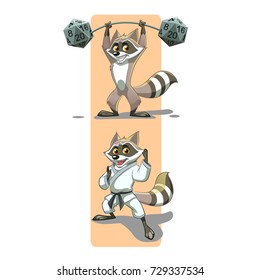 raccoon practicing karate and hanging barbell look funny