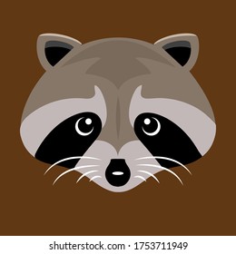 Raccoon, pretty face. Raccoon dog stylized portrait. Fluffy raccoon face looks straight. For stickers, stickers, logos. Vector isolated illustration.